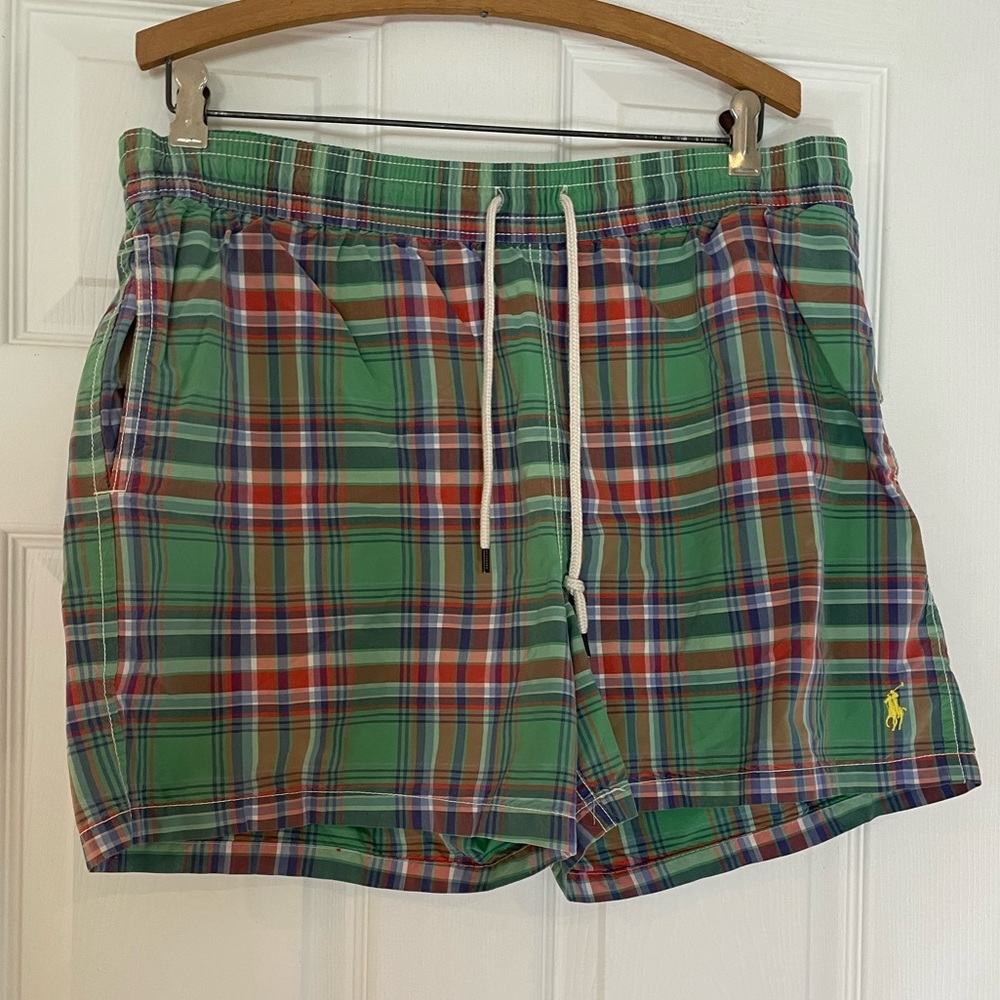 Ralph Lauren POLO green plaid drawstring swim trunks - size Large - Picture 1 of 5